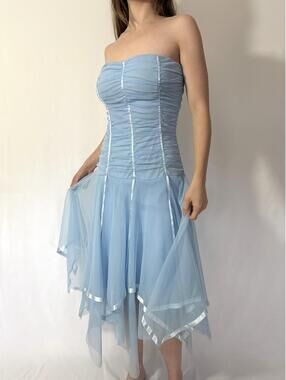 Light Blue Mesh Fairy Strapless Ruffle Midi Dress